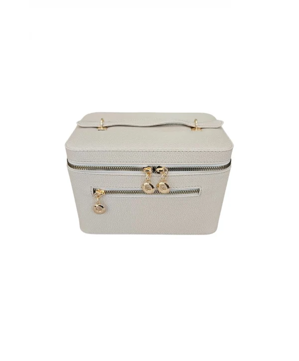 Taşıma Kulplu Deri Aynalı Makyaj,Bakım Ve Seyahat Çantası,kutusu Krem (14x21x14 cm)