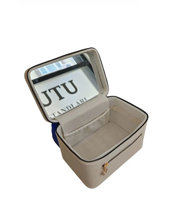 Taşıma Kulplu Deri Aynalı Makyaj,Bakım Ve Seyahat Çantası,kutusu Krem (14x21x14 cm)