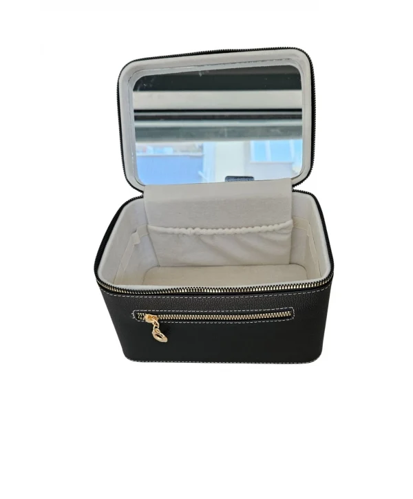 Taşıma Kulplu Deri Aynalı Makyaj,Bakım Ve Seyahat Çantası,kutusu Siyah (14x21x14 cm)