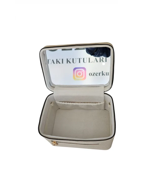 Taşıma Kulplu Deri Aynalı Makyaj,Bakım Ve Seyahat Çantası,kutusu Krem (14x21x14 cm)