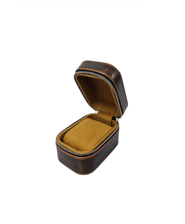 Tekli Fermuarlı Deri Saat Kutusu (Kahverengi)