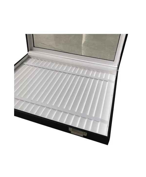 Camlı Kapaklı Bileklik,Zincir ve takı Tablası Siyah deri / içi Beyaz (21 Kanallı ve lastikli)