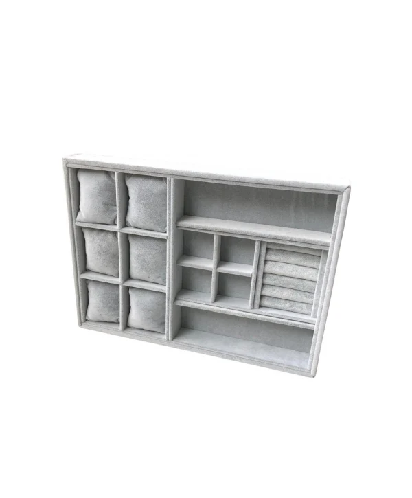 Organizatör Gri Süet Tabla Kolye & Yüzük Düzenleyici ve Gözlük(6 Yastık)(4 Bölmeli)(Rulo)