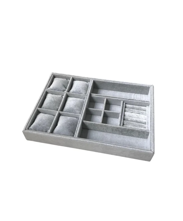 Organizatör Gri Süet Tabla Kolye & Yüzük Düzenleyici ve Gözlük(6 Yastık)(4 Bölmeli)(Rulo)