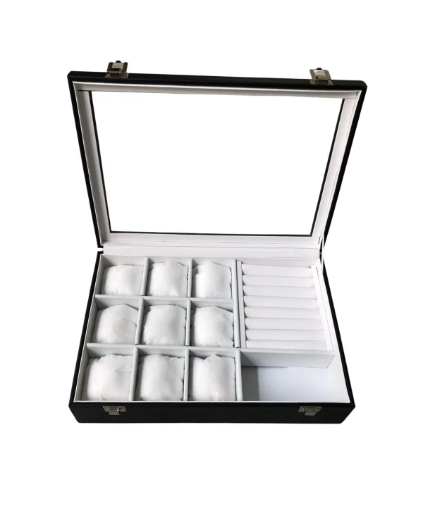 Camlı Kapaklı Mix Yastıklı&Rulo &Bölmeli Takı Tablası Siyah deri / içi beyaz