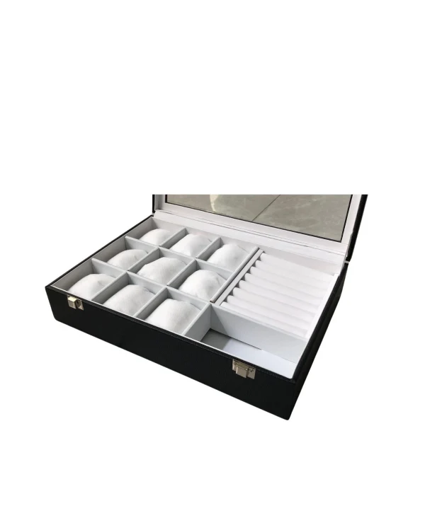 Camlı Kapaklı Mix Yastıklı&Rulo &Bölmeli Takı Tablası Siyah deri / içi beyaz