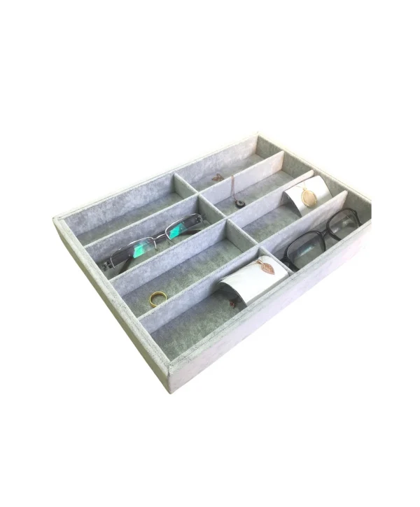 Gözlük Kolye Ucu Küpe Yüzük Servis Tablası Gri Süet (8 bölmeli) 25x35 cm