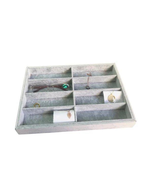 Gözlük Kolye Ucu Küpe Yüzük Servis Tablası Gri Süet (8 bölmeli) 25x35 cm