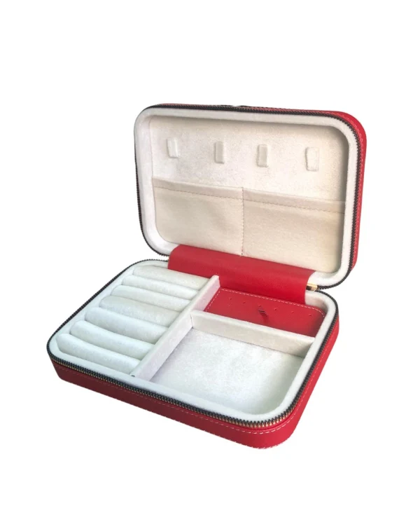 Fermuarlı Deri (Ahşap Kasalı ) Büyük boy Takı, Seyahat Ve Mücevher Çantası,kutusu Kırmızı (14x21)