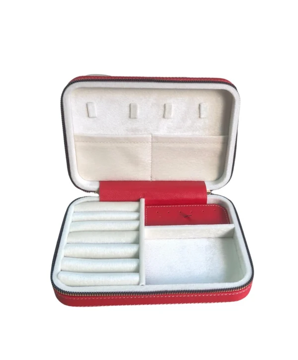 Fermuarlı Deri (Ahşap Kasalı ) Büyük boy Takı, Seyahat Ve Mücevher Çantası,kutusu Kırmızı (14x21)