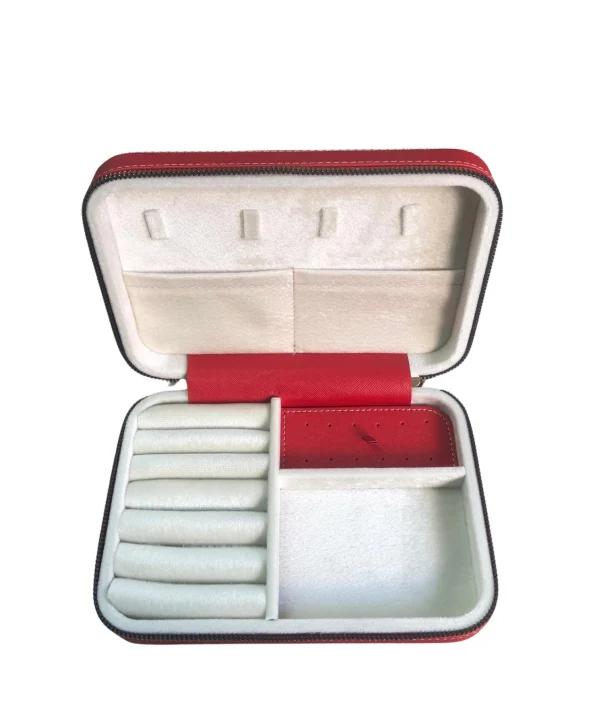 Fermuarlı Deri (Ahşap Kasalı ) Büyük boy Takı, Seyahat Ve Mücevher Çantası,kutusu Kırmızı (14x21)