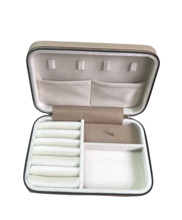 Fermuarlı Deri (Ahşap Kasalı ) Büyük boy Takı, Seyahat Ve Mücevher Çantası,kutusu Vizon (14x21)