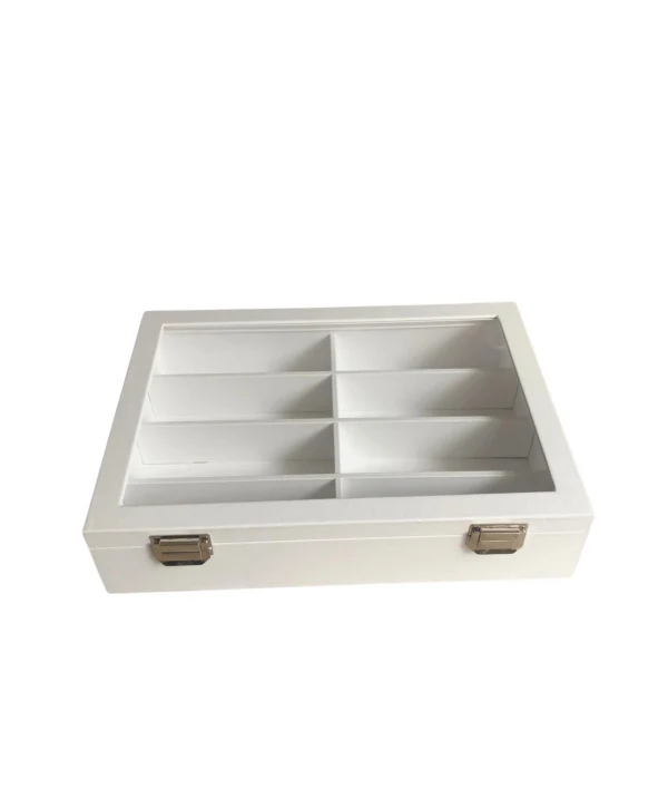 Camlı  Kapaklı 8 bölmeli Gözlük Beyaz Kutusu,Takı Kutusu ve çantası  Beyaz /beyaz içi deri