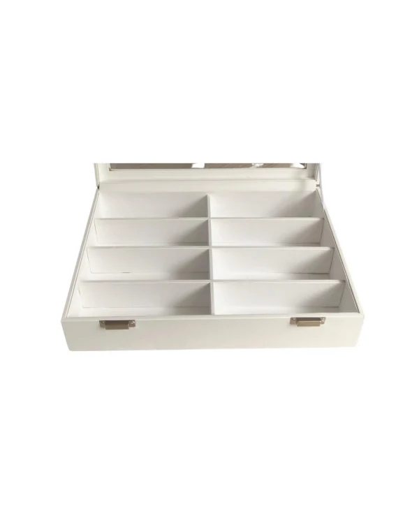 Camlı  Kapaklı 8 bölmeli Gözlük Beyaz Kutusu,Takı Kutusu ve çantası  Beyaz /beyaz içi deri