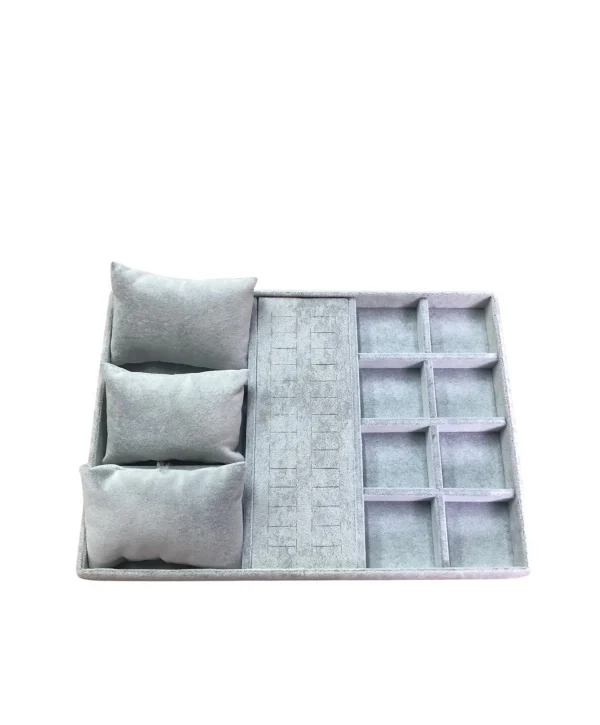 Organizatör Gri Süet Tabla Kolye & Yüzük Düzenleyici ( 3 Yastık )(8 Bölmeli)(28 kesikli)