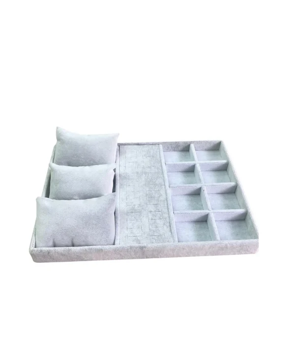 Organizatör Gri Süet Tabla Kolye & Yüzük Düzenleyici ( 3 Yastık )(8 Bölmeli)(28 kesikli)