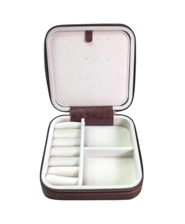 Fermuarlı Deri (Ahşap Kasalı ) Orta boy Takı, Seyahat Ve Mücevher Çantası Bordo Crocodile (15x15 Cm)