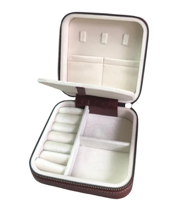 Fermuarlı Deri (Ahşap Kasalı ) Orta boy Takı, Seyahat Ve Mücevher Çantası Bordo Crocodile (15x15 Cm)