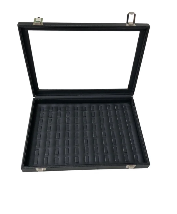 Camlı Kapaklı Tırnaklı Yuzuk-Takı Tablası Siyah Deri / İçi Siyah ( 88 Tırnaklı)