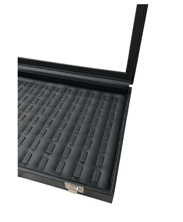 Camlı Kapaklı Tırnaklı Yuzuk-Takı Tablası Siyah Deri / İçi Siyah ( 88 Tırnaklı)