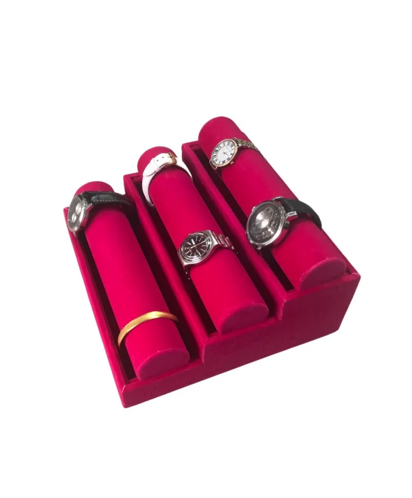 Kademeli Fuşya Süet  Bileklik & Kelepçe ve Saat Standı (3 katlı çıkmalı)