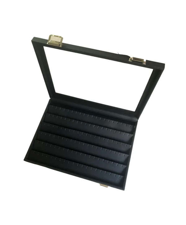 Camlı Kapaklı Küpe -takı Tablası Siyah deri / içi Siyah