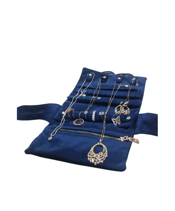 Takı,Seyahat ve Mücevher Rulosu& Düzenleyicisi Ve Çantası /Parlak Süet Lacivert (Fermuarlı ve ipli)