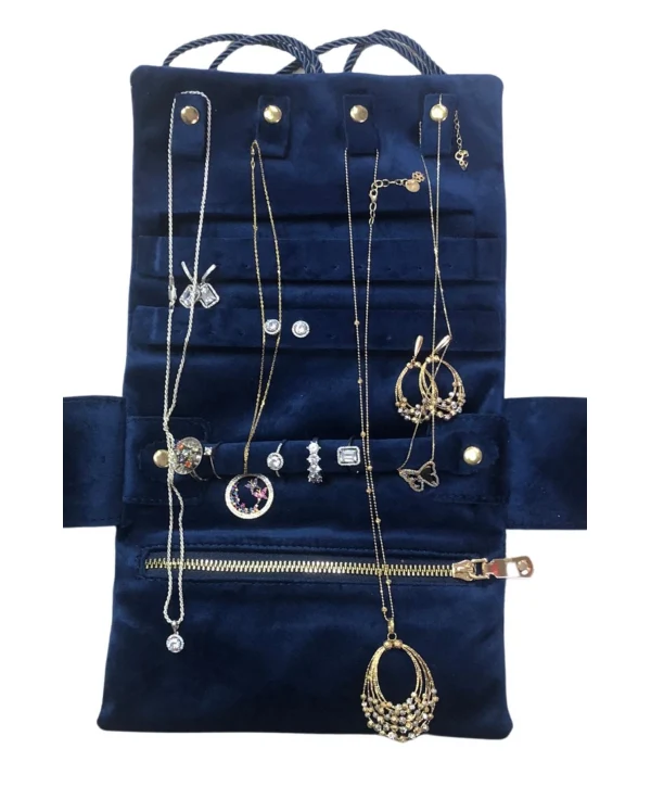 Takı,Seyahat ve Mücevher Rulosu& Düzenleyicisi Ve Çantası /Parlak Süet Lacivert (Fermuarlı ve ipli)