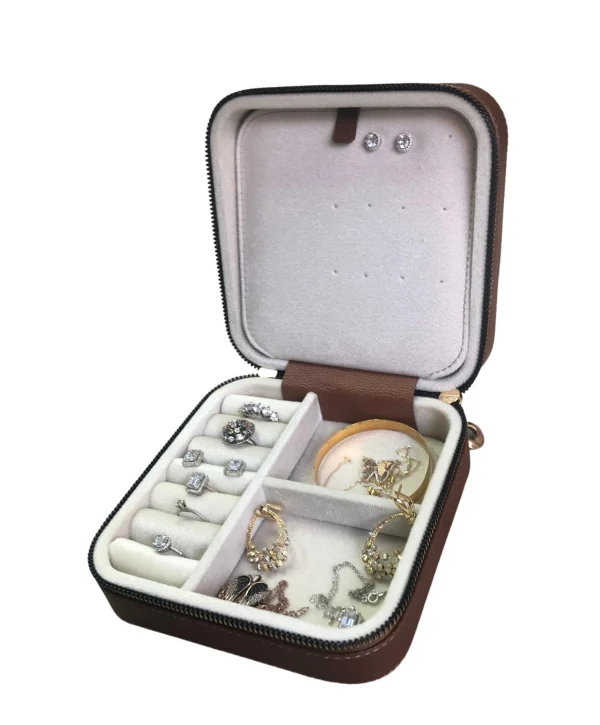 Fermuarlı Deri (Ahşap Kasalı ) Orta boy Takı, Seyahat Ve Mücevher Çantası Taba (15x15 Cm)