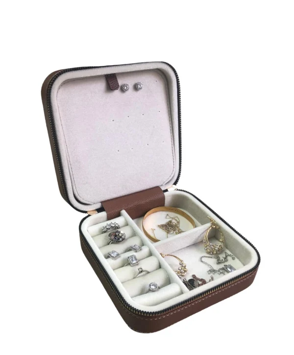 Fermuarlı Deri (Ahşap Kasalı ) Orta boy Takı, Seyahat Ve Mücevher Çantası Taba (15x15 Cm)