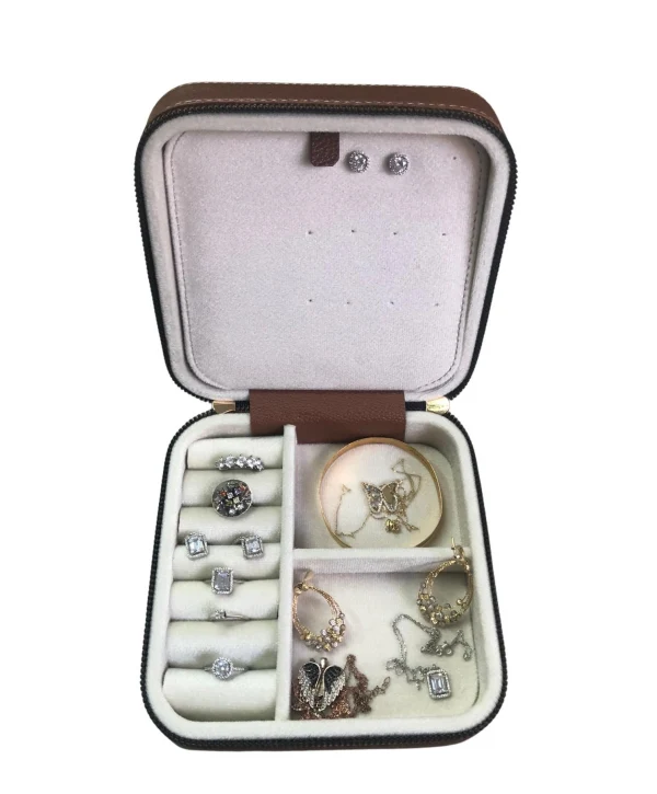 Fermuarlı Deri (Ahşap Kasalı ) Orta boy Takı, Seyahat Ve Mücevher Çantası Taba (15x15 Cm)