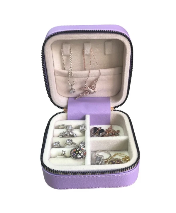 Fermuarlı Deri (Ahşap Kasalı ) Takı, Seyahat Ve Mücevher Çantası,kutusu Lila (11x11 Cm )