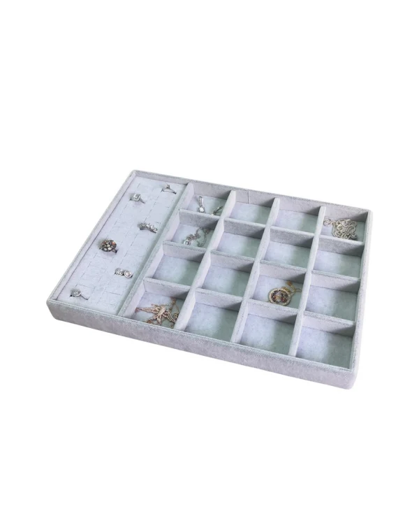 Organizatör Gri Süet Tabla Kolye & Yüzük Düzenleyici (16 Bölmeli)(28 kesikli)