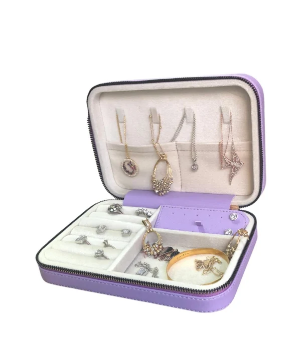 Fermuarlı Deri (Ahşap Kasalı ) Büyük boy Takı, Seyahat Ve Mücevher Çantası,kutusu Lila (14x21)