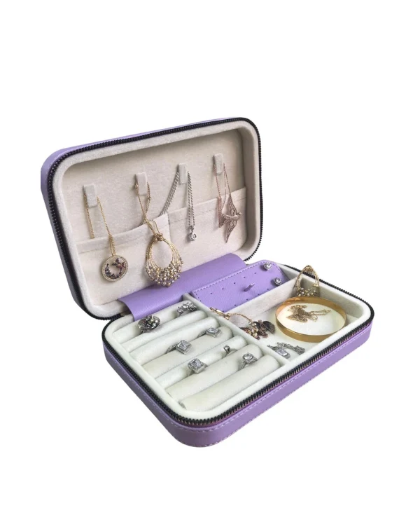 Fermuarlı Deri (Ahşap Kasalı ) Büyük boy Takı, Seyahat Ve Mücevher Çantası,kutusu Lila (14x21)
