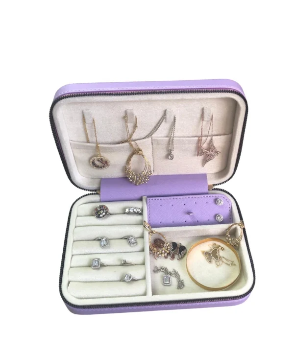 Fermuarlı Deri (Ahşap Kasalı ) Büyük boy Takı, Seyahat Ve Mücevher Çantası,kutusu Lila (14x21)