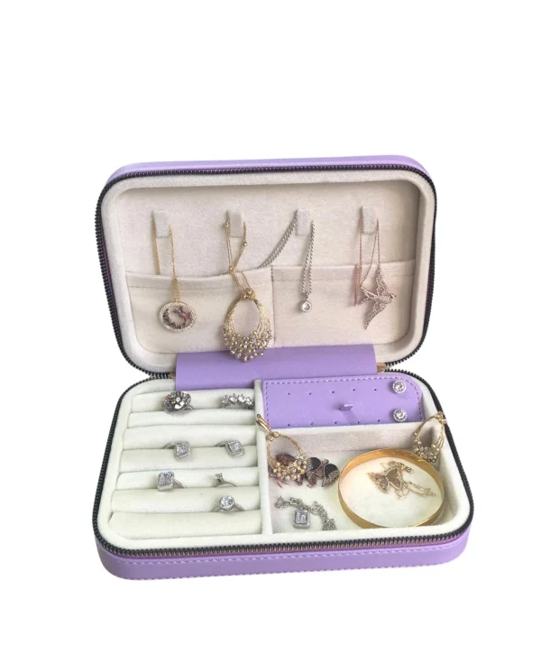 Fermuarlı Deri (Ahşap Kasalı ) Büyük boy Takı, Seyahat Ve Mücevher Çantası,kutusu Lila (14x21)