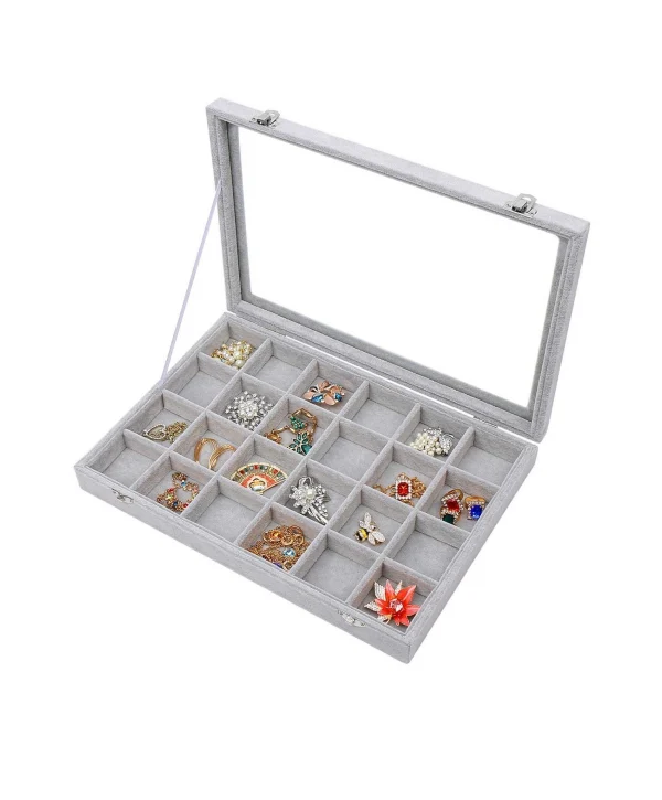 Camlı Kapaklı 24 Bölmeli Takı Tablası Gri süet