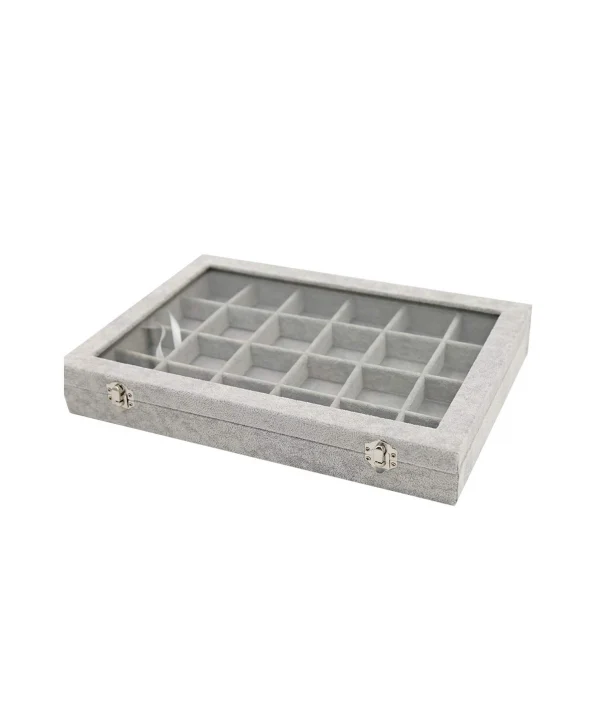 Camlı Kapaklı 24 Bölmeli Takı Tablası Gri süet