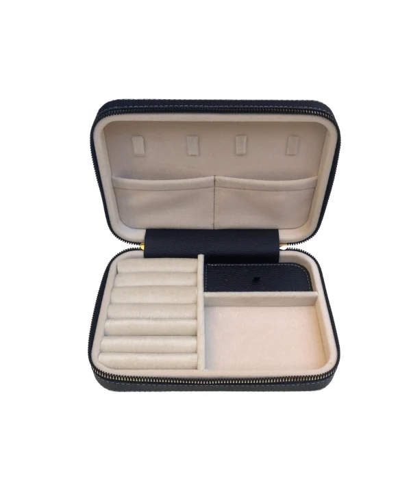 Fermuarlı Deri (Ahşap Kasalı ) Büyük boy Takı, Seyahat Ve Mücevher Çantası,kutusu Lacivert (14x21)