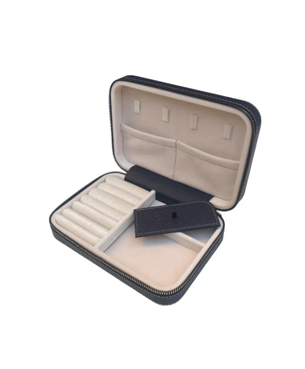 Fermuarlı Deri (Ahşap Kasalı ) Büyük boy Takı, Seyahat Ve Mücevher Çantası,kutusu Lacivert (14x21)