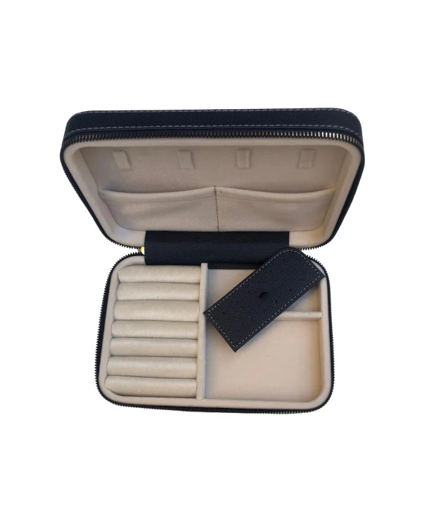 Fermuarlı Deri (Ahşap Kasalı ) Büyük boy Takı, Seyahat Ve Mücevher Çantası,kutusu Lacivert (14x21)