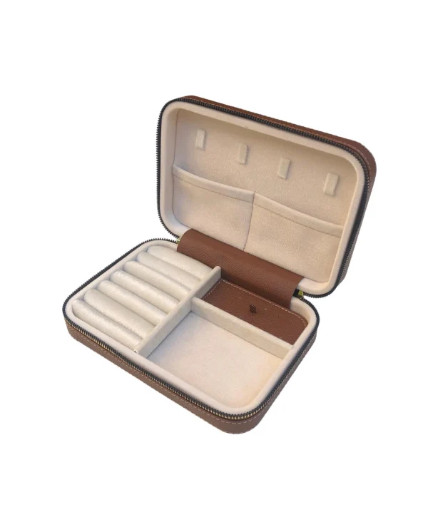 Fermuarlı Deri (Ahşap Kasalı ) Büyük boy Takı, Seyahat Ve Mücevher Çantası,kutusu Taba (14x21 Cm)