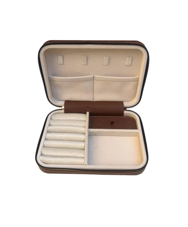 Fermuarlı Deri (Ahşap Kasalı ) Büyük boy Takı, Seyahat Ve Mücevher Çantası,kutusu Taba (14x21 Cm)