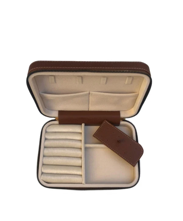 Fermuarlı Deri (Ahşap Kasalı ) Büyük boy Takı, Seyahat Ve Mücevher Çantası,kutusu Taba (14x21 Cm)