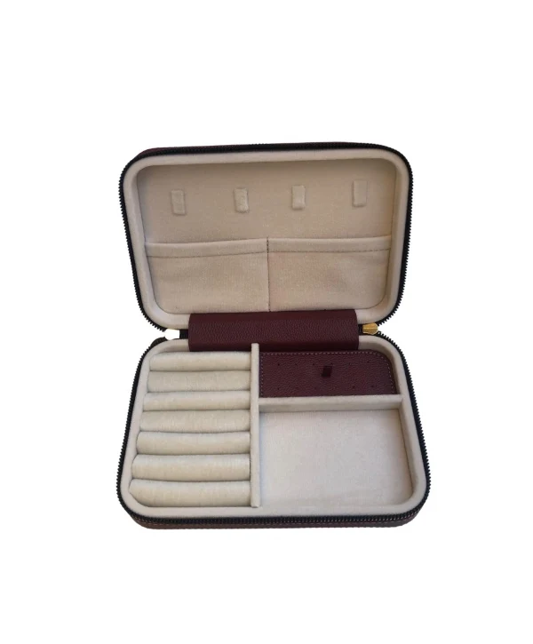 Fermuarlı Deri (Ahşap Kasalı ) Büyük boy Takı, Seyahat Ve Mücevher Çantası,kutusu Bordo(14x21 Cm)