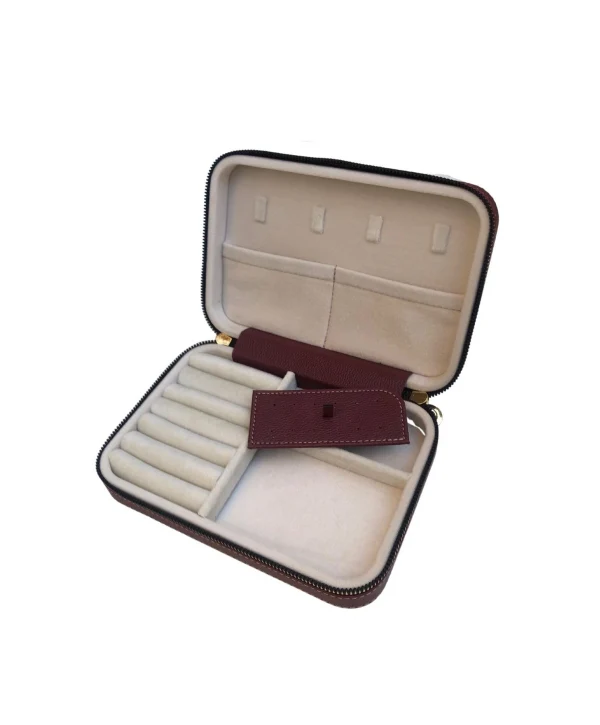 Fermuarlı Deri (Ahşap Kasalı ) Büyük boy Takı, Seyahat Ve Mücevher Çantası,kutusu Bordo(14x21 Cm)