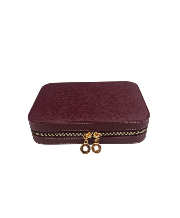 Fermuarlı Deri (Ahşap Kasalı ) Büyük boy Takı, Seyahat Ve Mücevher Çantası,kutusu Bordo(14x21 Cm)