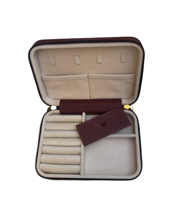 Fermuarlı Deri (Ahşap Kasalı ) Büyük boy Takı, Seyahat Ve Mücevher Çantası,kutusu Bordo(14x21 Cm)