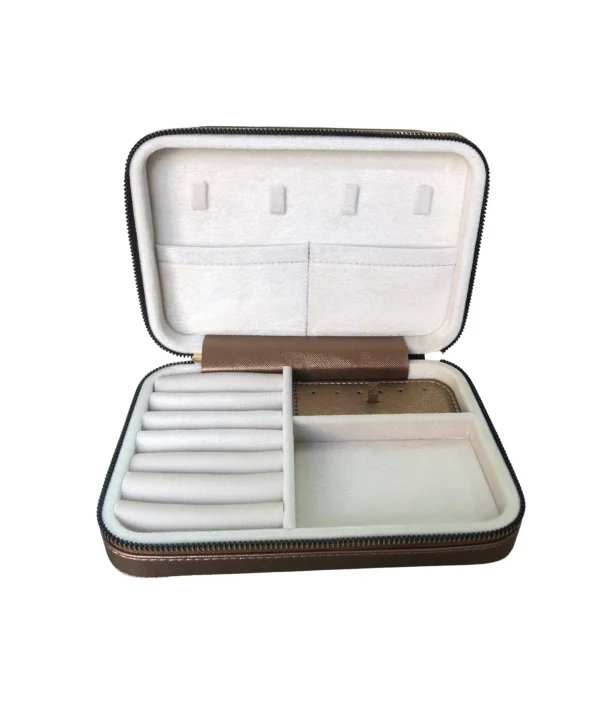 Fermuarlı Deri (Ahşap Kasalı ) Büyük boy Takı, Seyahat Ve Mücevher Çantası,kutusu Bakır(14x21 Cm)